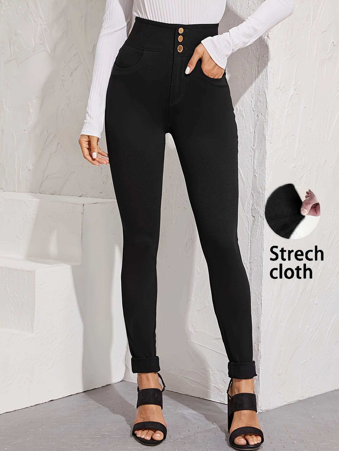 Elegant High-Waist Skinny Jeans for Women - Stretch Denim, Solid Color with Button Detail, Machine Washable