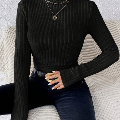 Solid Ribbed Turtle Neck T-shirt, Casual Long Sleeve Knitted Top For Spring & Fall, Women's Clothing