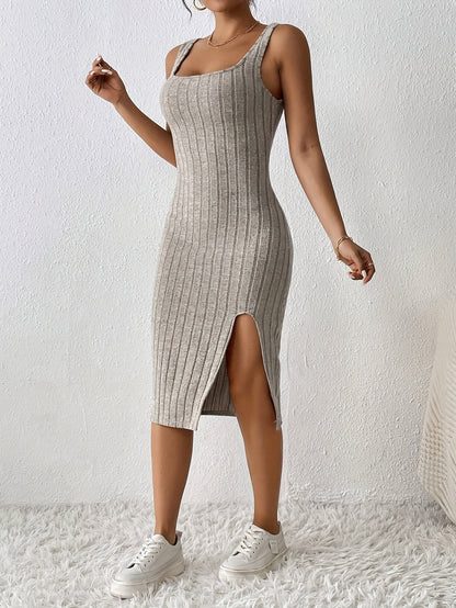 Solid Color Square Neck Bodycon Dress, Casual Split Sleeveless Midi Dress For Summer, Women's Clothing