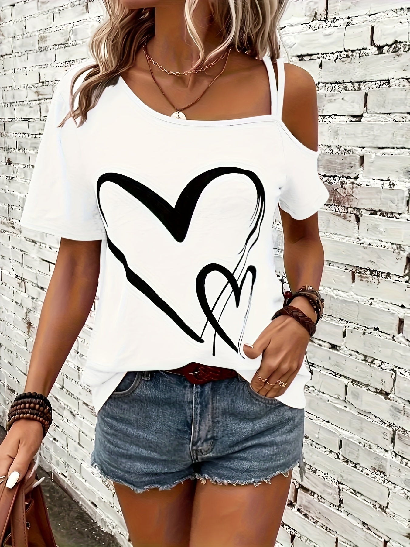 Heart Print Cold Shoulder T-shirt, Casual Short Sleeve Backless Asymmetrical Top, Women's Clothing