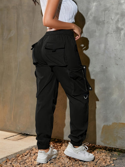 Women's High-Waist Wide-Leg Cargo Pants - Casual Fashion, Soft Polyester, Drawstring Elastic Waist, Multi-Pocket Design, Comfortable for All Seasons, Back Belt, All Seasons