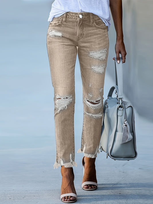 Women's Stretchy Khaki Ripped Cropped Jeans with Fringe Detail - High-Waisted, Slim Fit Denim in Light Wash with Pockets, Perfect for All Seasons