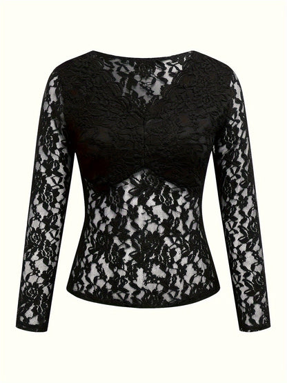 Chic & Sexy Lace V-Neck T-Shirt for Women - Sheer, Stretch Fabric, Perfect for All Seasons