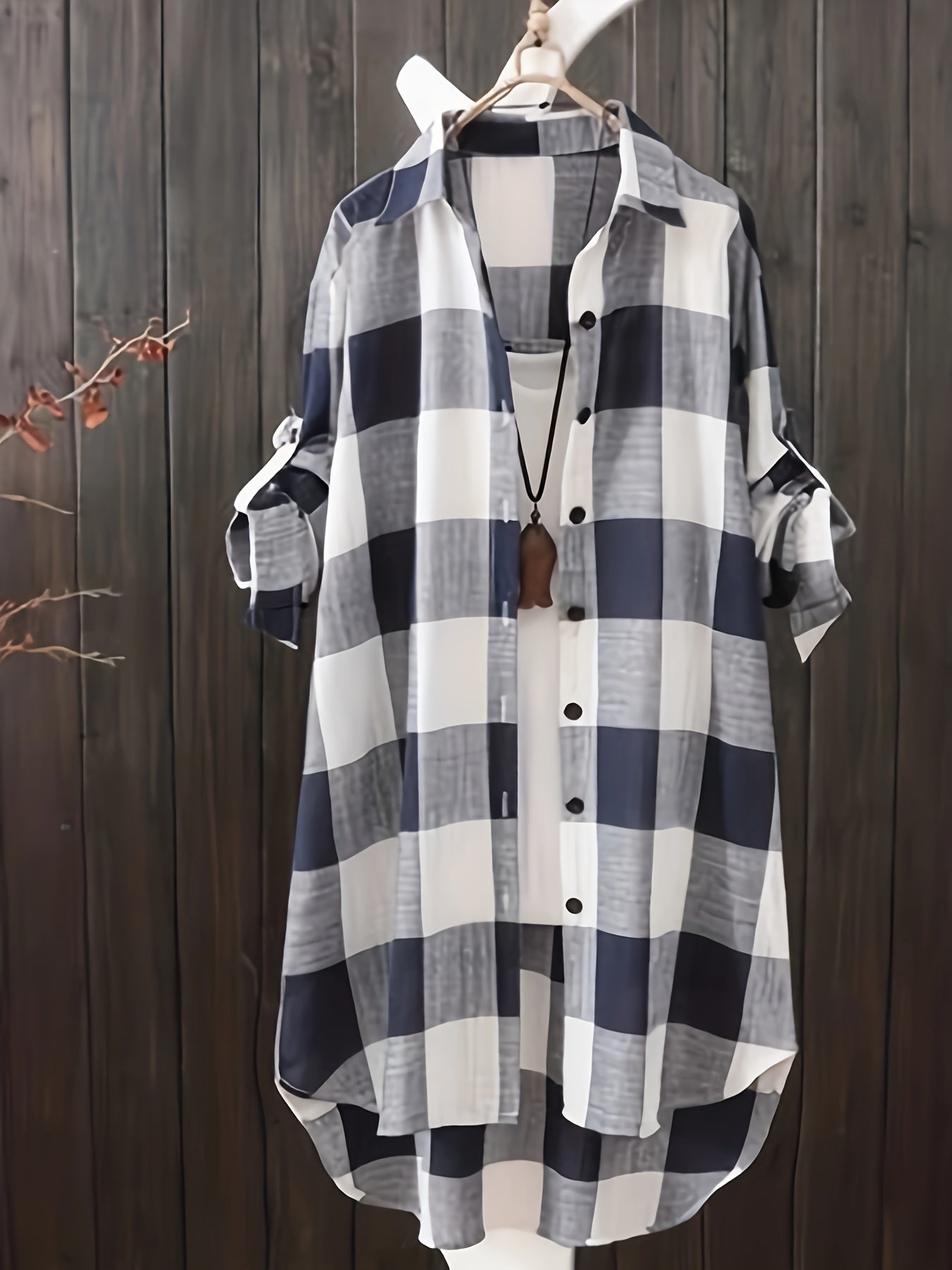 Plus Size Plaid Print Collared Button Shirt, Casual Long Sleeve Shirt For Spring & Fall, Women's Plus Size Clothing