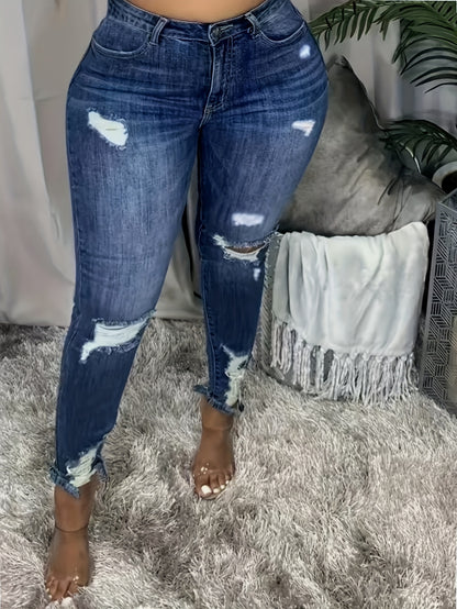 Plus Size Skinny Fit Ripped Raw Hem Plain Washed Blue Versatile Jeans Denim Pants, Women's Denim Jeans & Clothing