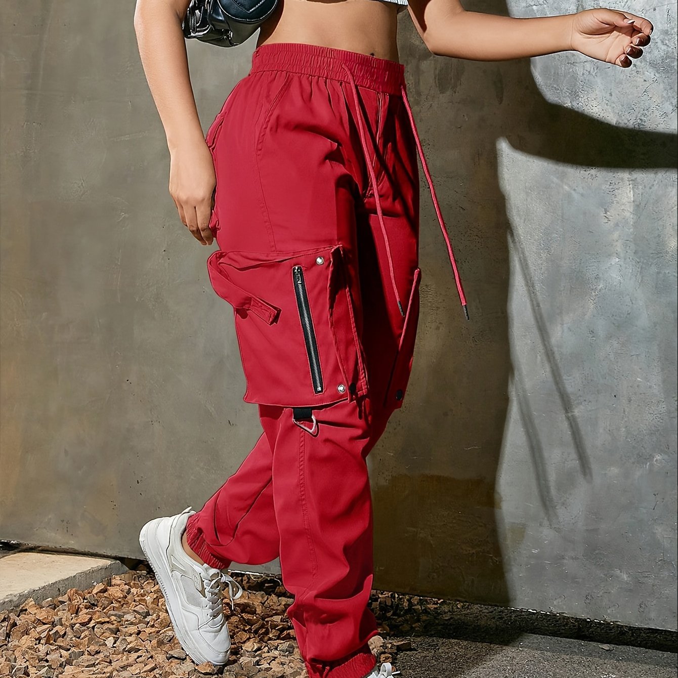 Women's High-Waist Wide-Leg Cargo Pants - Casual Fashion, Soft Polyester, Drawstring Elastic Waist, Multi-Pocket Design, Comfortable for All Seasons, Back Belt, All Seasons