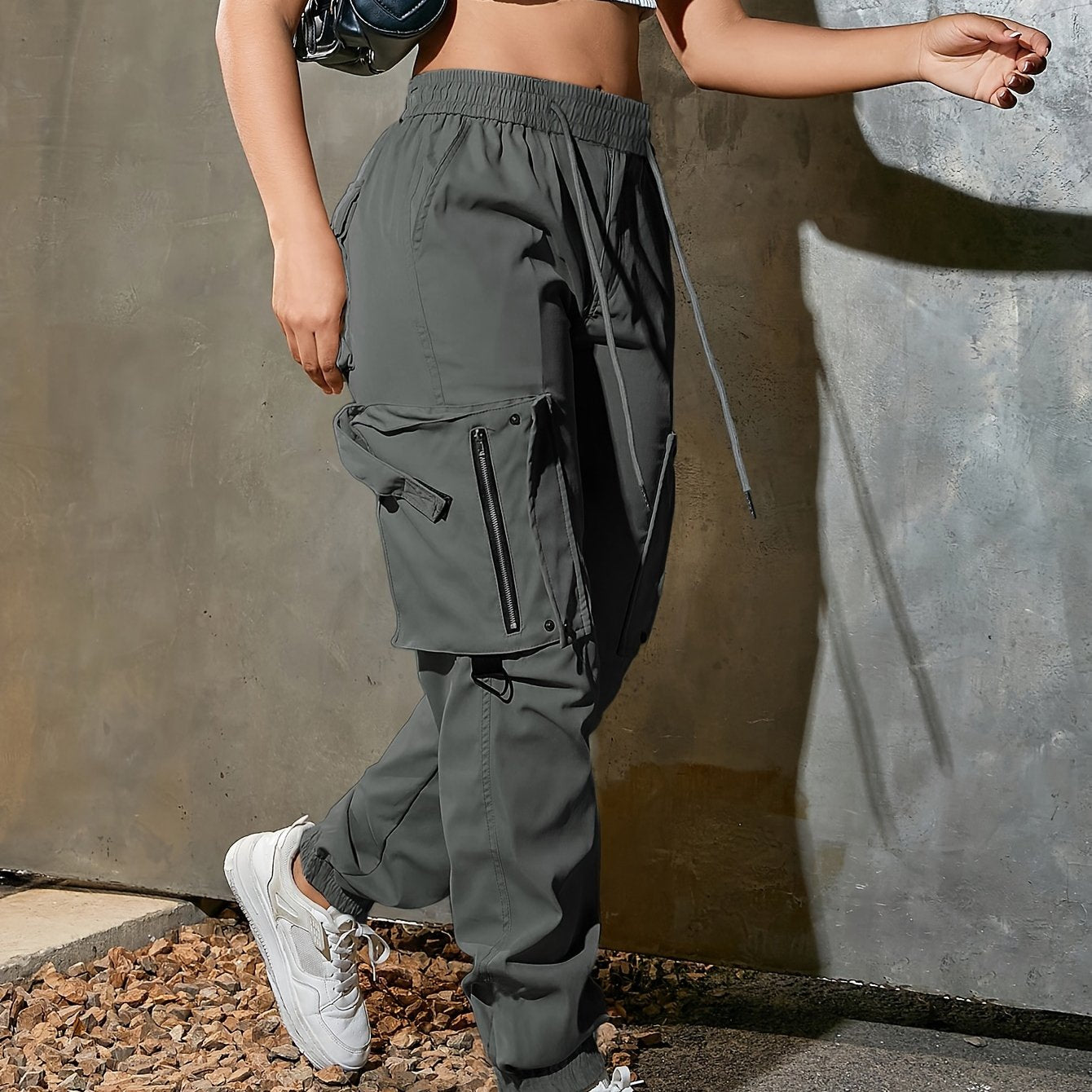 Women's High-Waist Wide-Leg Cargo Pants - Casual Fashion, Soft Polyester, Drawstring Elastic Waist, Multi-Pocket Design, Comfortable for All Seasons, Back Belt, All Seasons