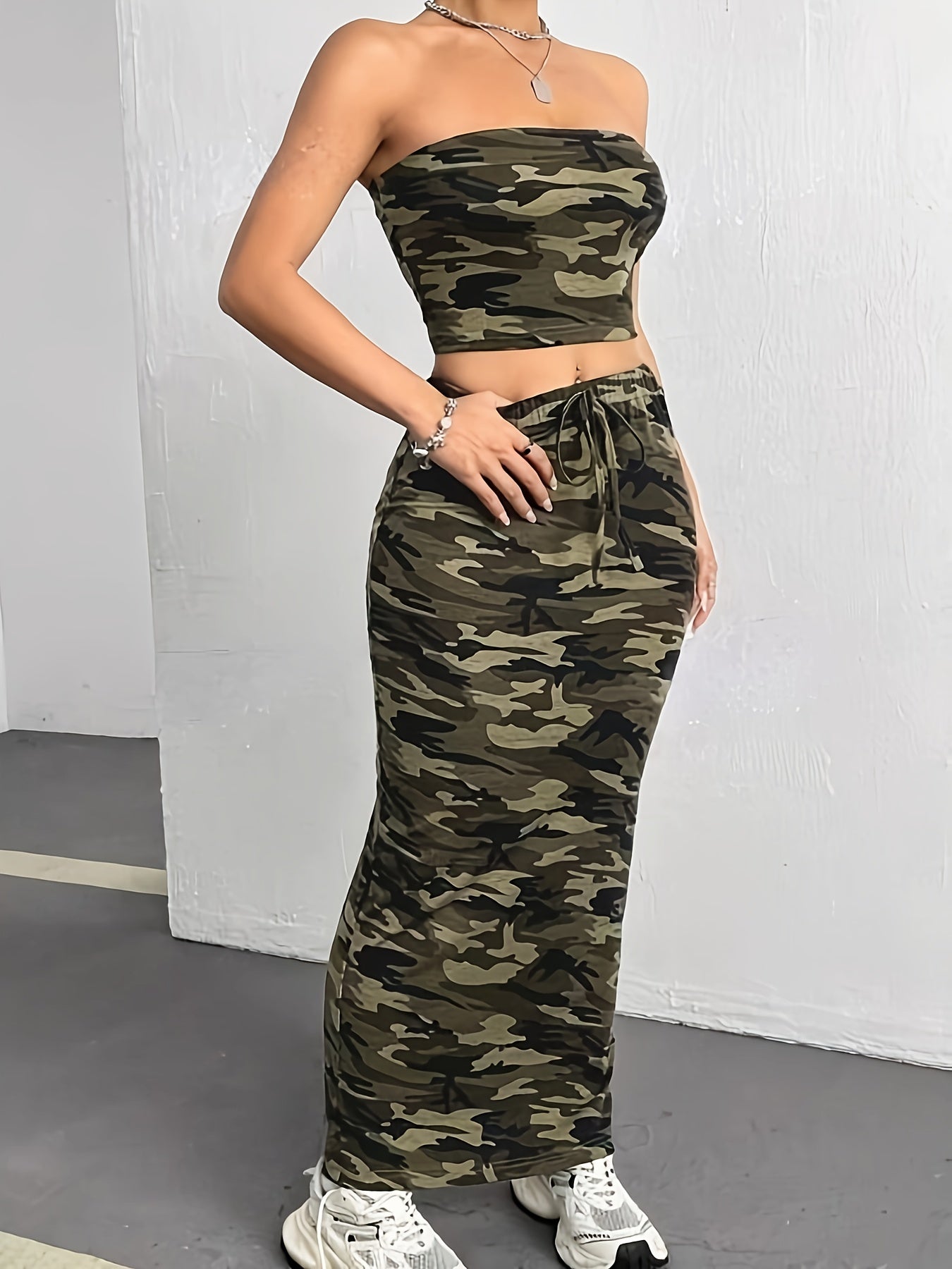 Camo Print Casual Skirt Set, Backless Strapless Crop Tube Top & Tie Waist Slim Ankle Length Skirt Outfits, Women's Clothing