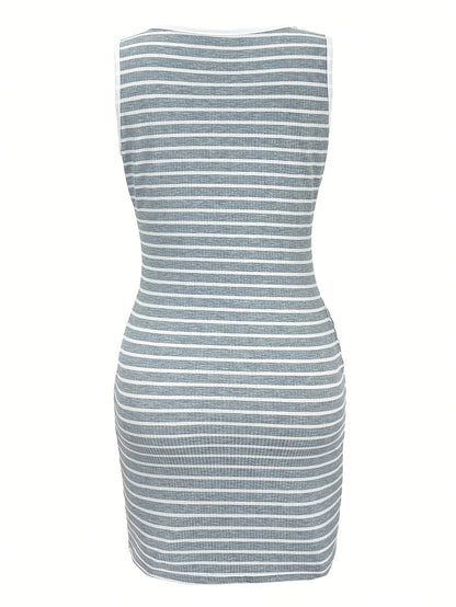 Women's Striped Bodycon Midi Dress with Y-Neck and Button Detail - Sexy, Stretchy Polyester/Spandex Blend, Short Sleeve, Perfect for Spring/Summer, Spring Fashion|Sexy Midi Dress|Stretchy Fabric Dress