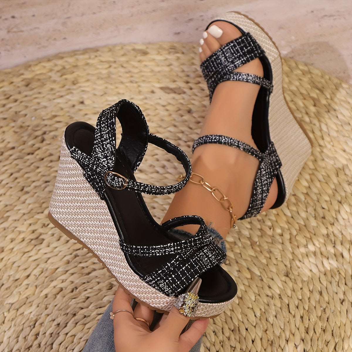 Women's Wedge Heeled Sandals, Casual Open Toe Platform Shoes, Comfortable Buckle Strap Sandals