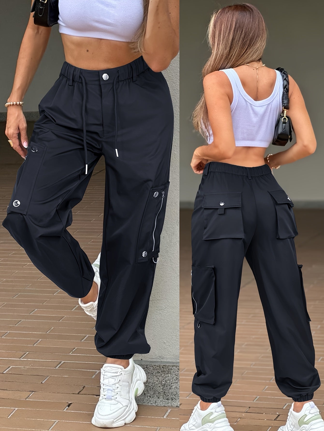 Women's High-Waist Cargo Pants with Side Pockets, Casual Solid Black, Multi-Zipper Design, Polyester, Everyday Commuter Wear, Ladies Pants