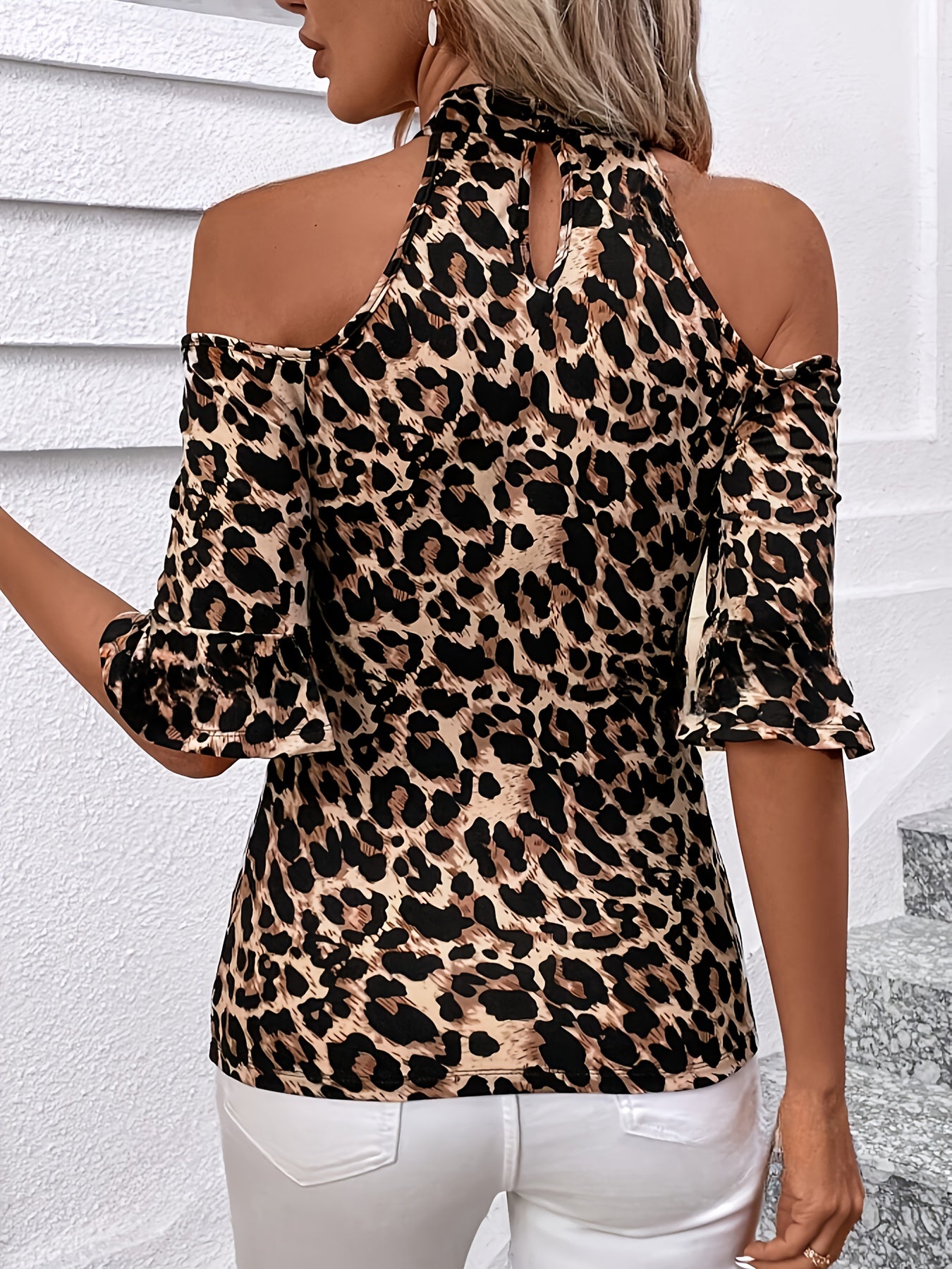 Women's Elegant Leopard Print T-Shirt with Cold Shoulder Design, Keyhole Detail, and Ruffle Trim - Polyester Blend, Machine Washable - Perfect for Spring/Summer Fashion