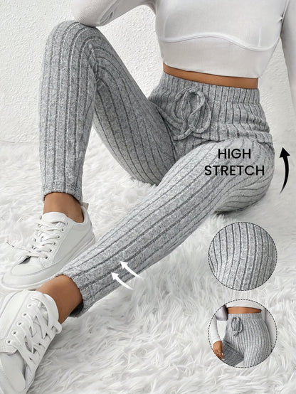 Women's High-Waist Ribbed Knit Pencil Pants - Elegant Brown, Stretchy & Comfortable, Elastic Waistband with Decorative Drawstring, Perfect for Casual Fall/Winter Wear, High Waist Pants