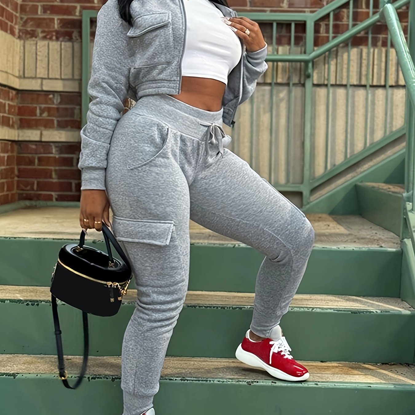 2pcs Women'S Casual Jogger Set, Solid Color Polyester Knit Fabric, Stand Collar, Drawstring Pants, All-Season Loungewear