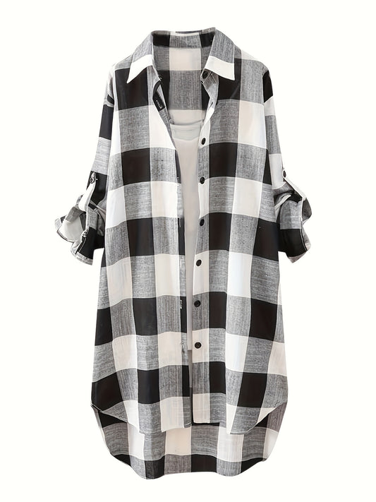 Plus Size Plaid Print Collared Button Shirt, Casual Long Sleeve Shirt For Spring & Fall, Women's Plus Size Clothing