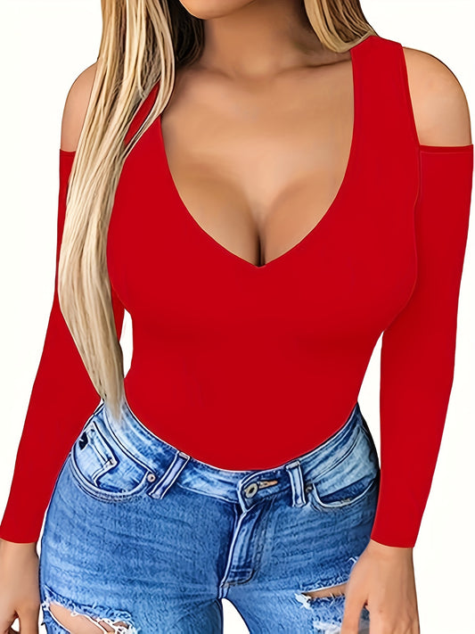 Chic Off-Shoulder V-Neck Long Sleeve Top for Women - Sexy Solid Color, Stretchy Polyester Blend, Machine Washable, Perfect for Spring/Fall