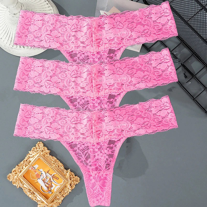 3PCS Lace Floral Women Panties Low Waist Breathable Briefs Female Thong Underwear