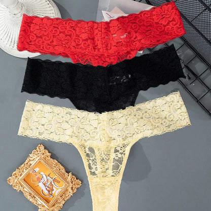 3PCS Lace Floral Women Panties Low Waist Breathable Briefs Female Thong Underwear