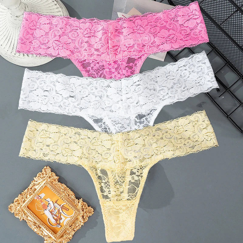 3PCS Lace Floral Women Panties Low Waist Breathable Briefs Female Thong Underwear