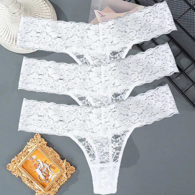 3PCS Lace Floral Women Panties Low Waist Breathable Briefs Female Thong Underwear