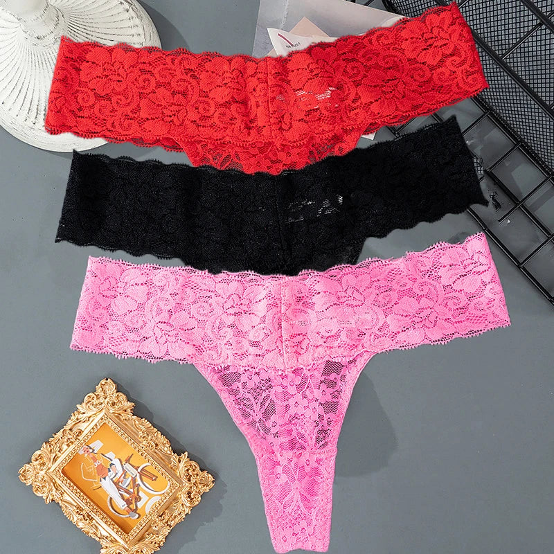 3PCS Lace Floral Women Panties Low Waist Breathable Briefs Female Thong Underwear