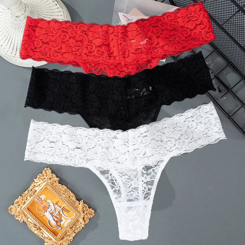 3PCS Lace Floral Women Panties Low Waist Breathable Briefs Female Thong Underwear