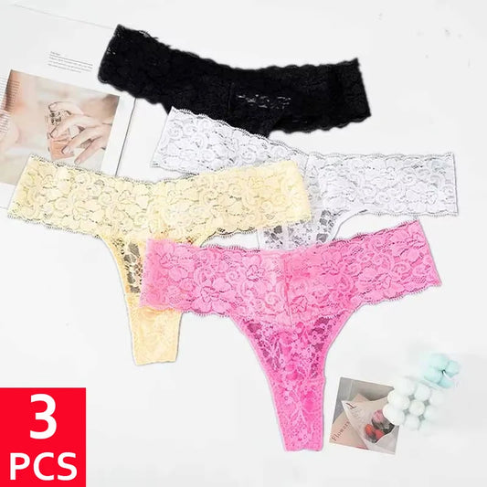 3PCS Lace Floral Women Panties Low Waist Breathable Briefs Female Thong Underwear