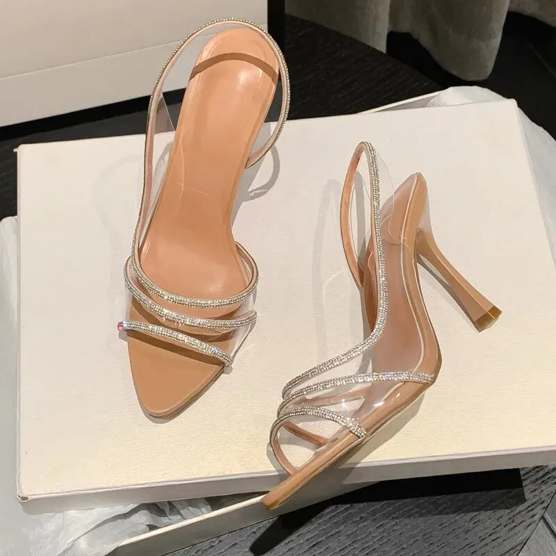 Women Summer Rhinestone Slingback Pumps Office Lady Transparent Heeled Sandals Elegant Pointed Toe Female Sexy High Heels