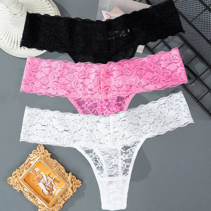 3PCS Lace Floral Women Panties Low Waist Breathable Briefs Female Thong Underwear