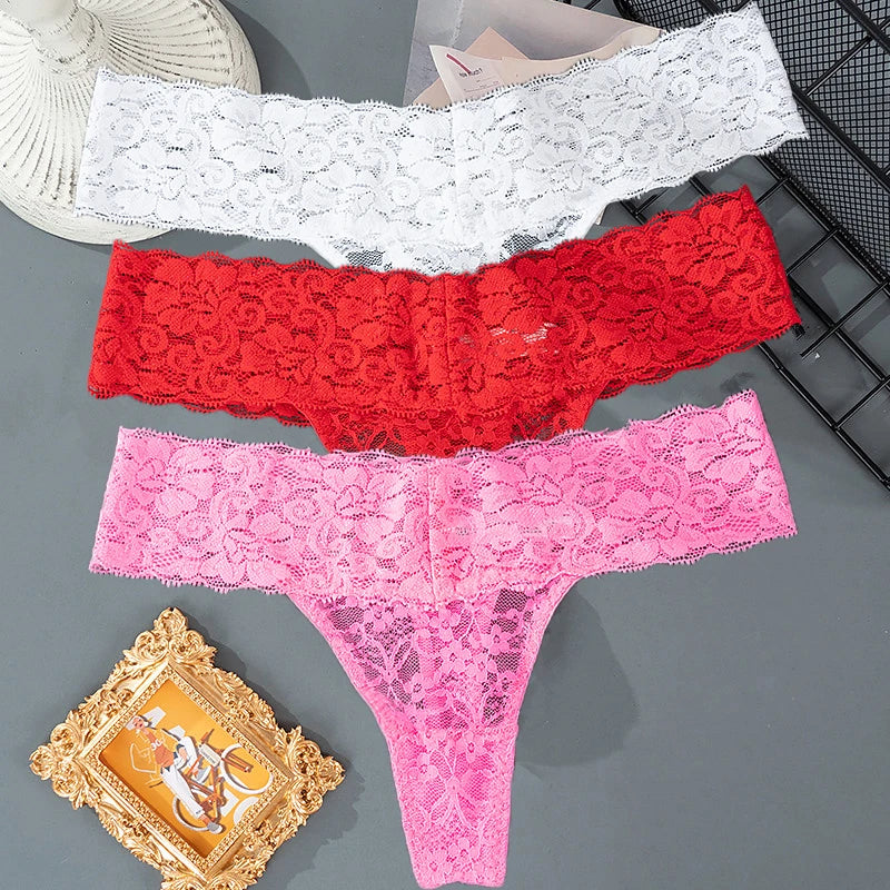 3PCS Lace Floral Women Panties Low Waist Breathable Briefs Female Thong Underwear