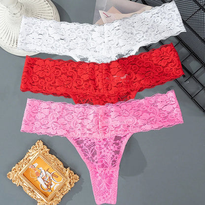 3PCS Lace Floral Women Panties Low Waist Breathable Briefs Female Thong Underwear