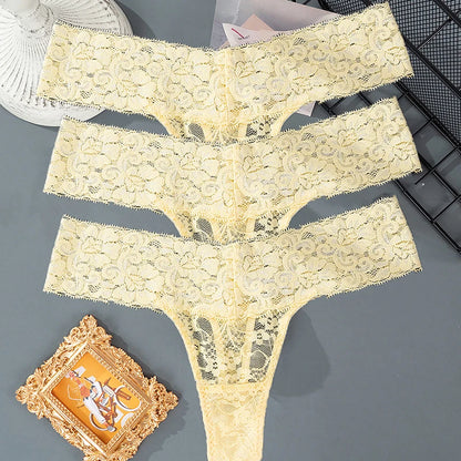 3PCS Lace Floral Women Panties Low Waist Breathable Briefs Female Thong Underwear