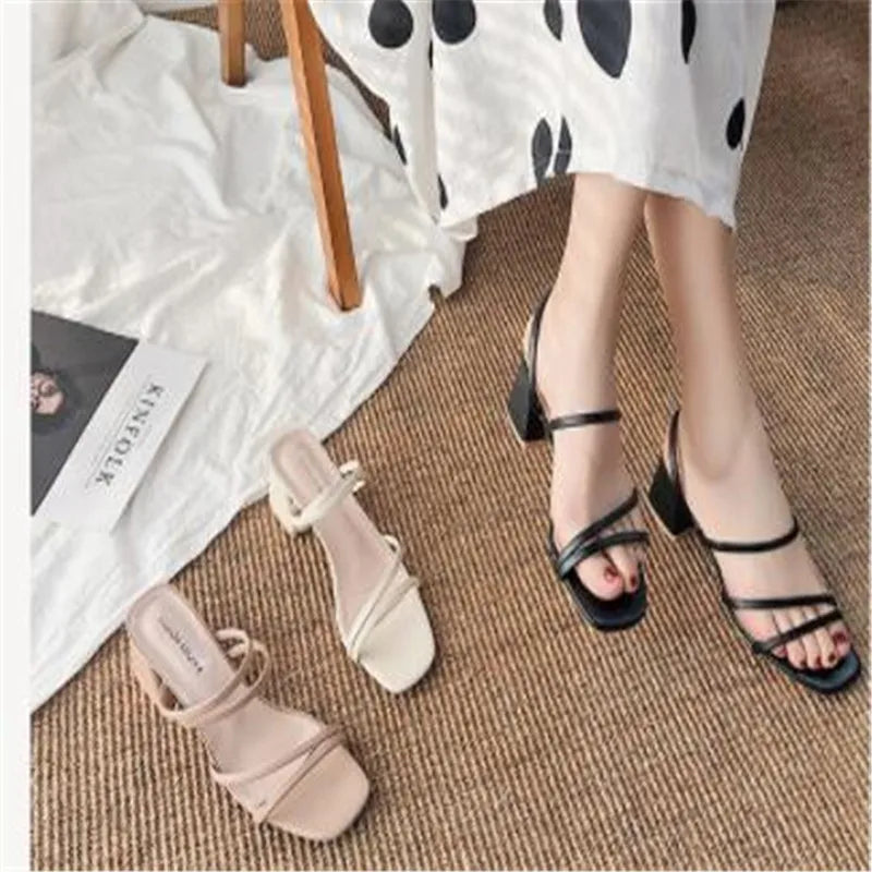 Women Sandals Ladies Square Heels Elegant Summer Slippers Outside