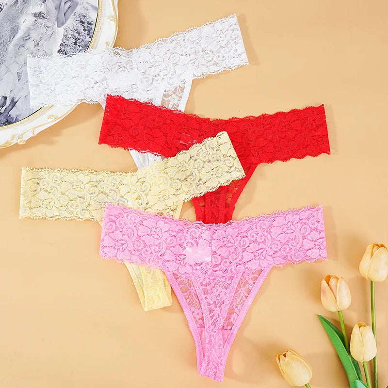 3PCS Lace Floral Women Panties Low Waist Breathable Briefs Female Thong Underwear