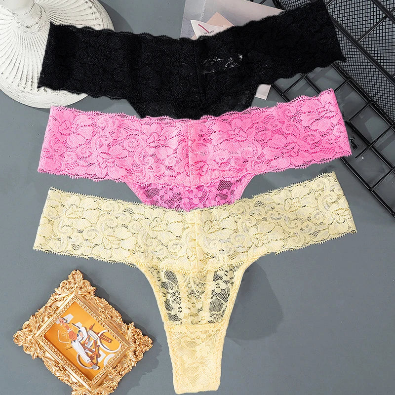 3PCS Lace Floral Women Panties Low Waist Breathable Briefs Female Thong Underwear