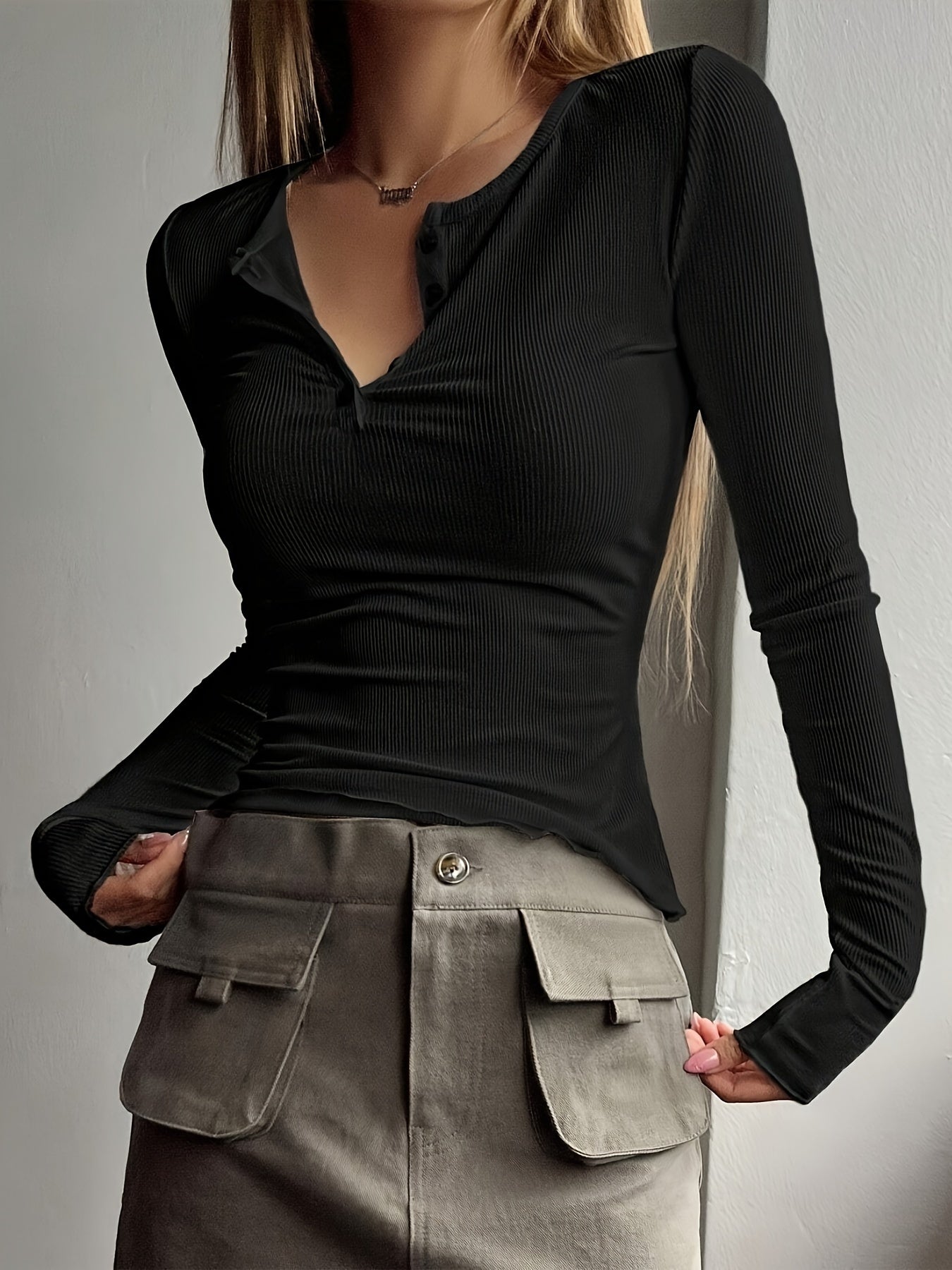 Women's Sexy Ribbed Knit Long Sleeve T-Shirt with Button Detail - Soft, Stretchy Solid Color Casual Sportswear