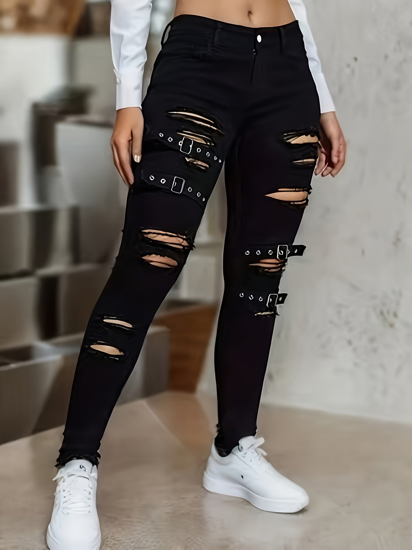 Women'S Elegant Ripped Skinny Jeans, High Stretch Slim Fit, All-Season Solid Color, Button Fly, Rayon/Viscose Blend, 400g/m² Woven Fabric, Fashion Streetwear for Going Out