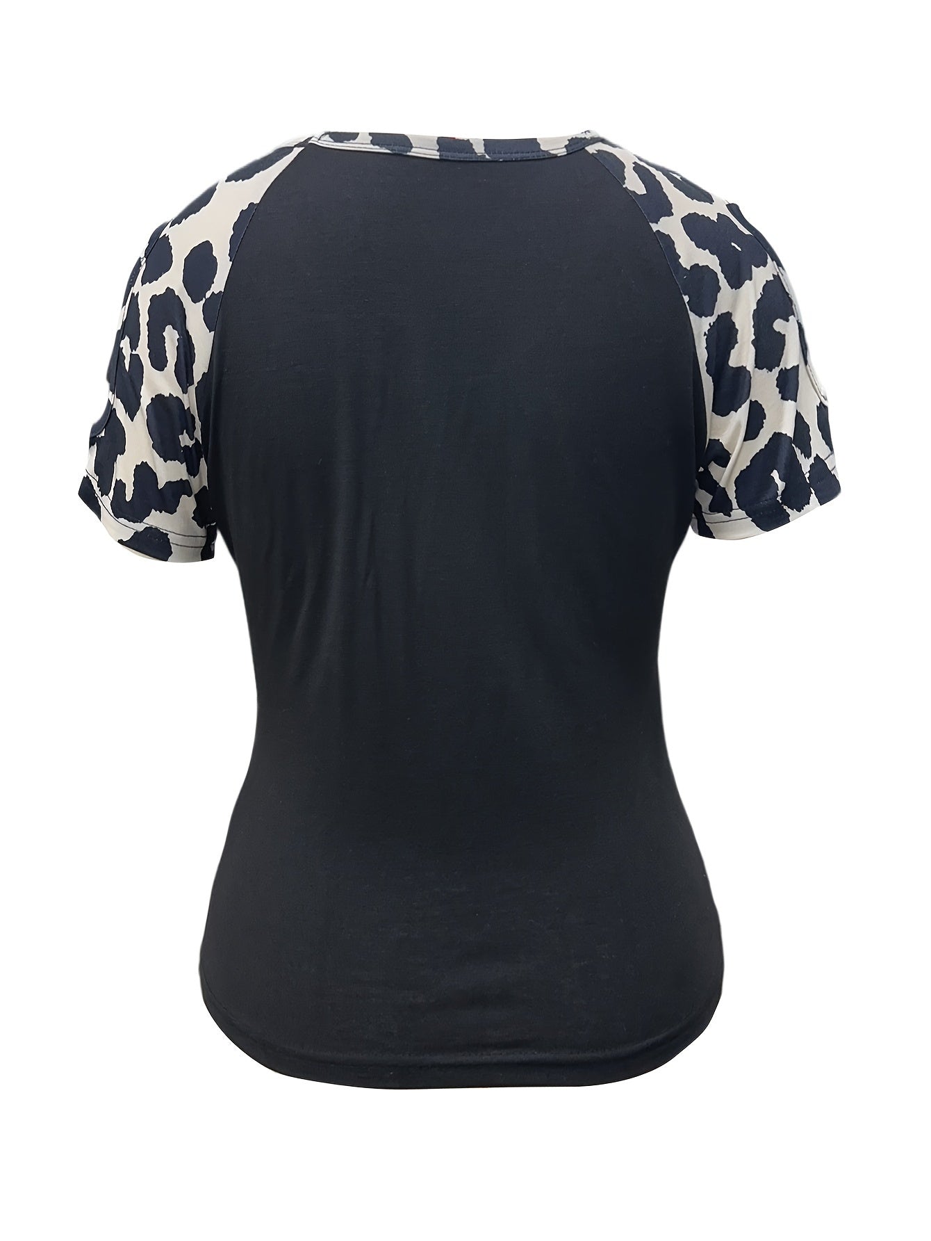 Leopard Print Crew Neck T-Shirt, Casual Cut Out Short Sleeve Top For Spring & Summer, Women's Clothing