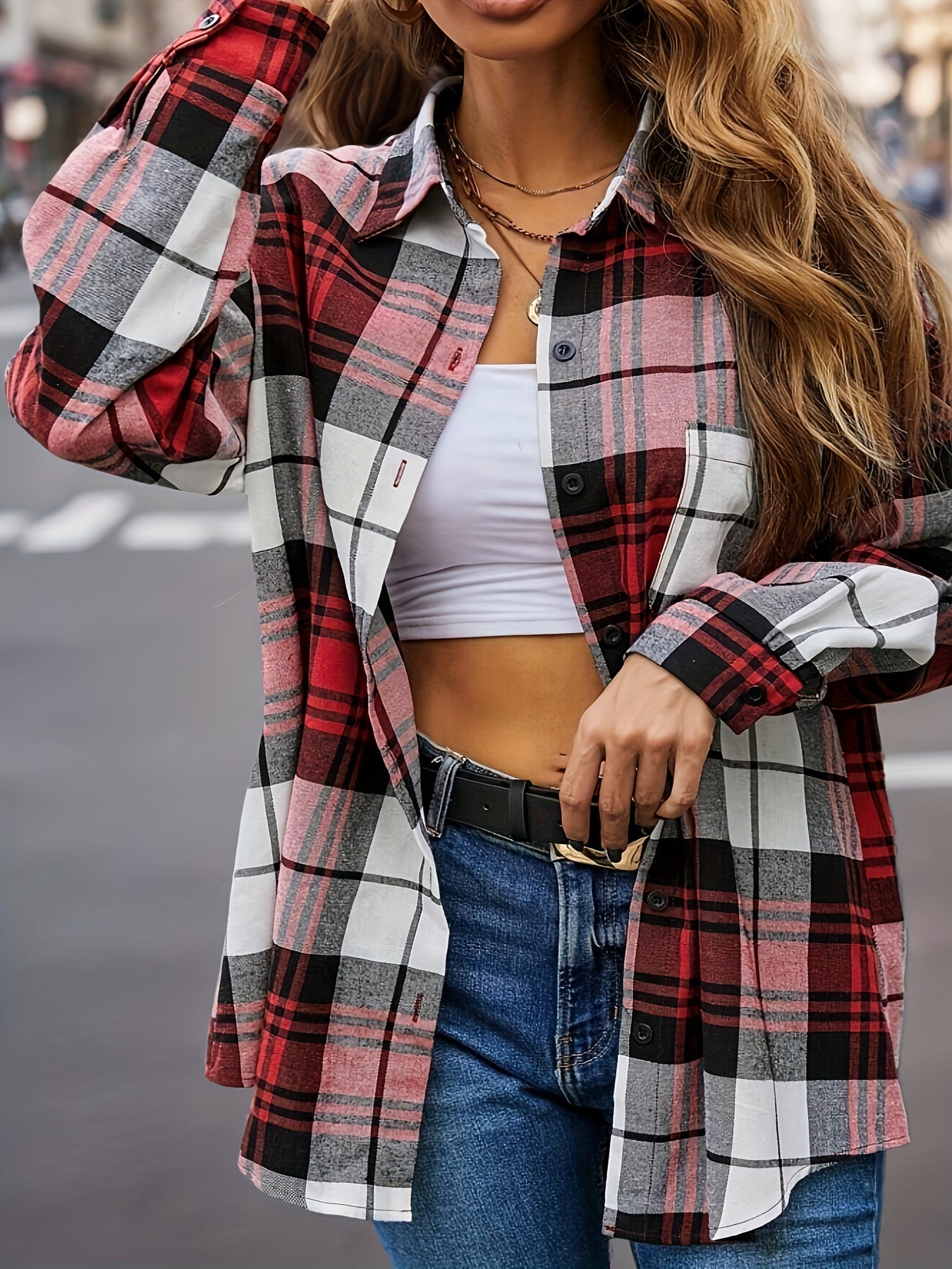 Plus Size Casual Blouse, Women's Plus Plaid Print Long Sleeve Button Up Lapel Collar Loose Fit Shirt Top