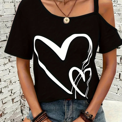 Heart Print Cold Shoulder T-shirt, Casual Short Sleeve Backless Asymmetrical Top, Women's Clothing