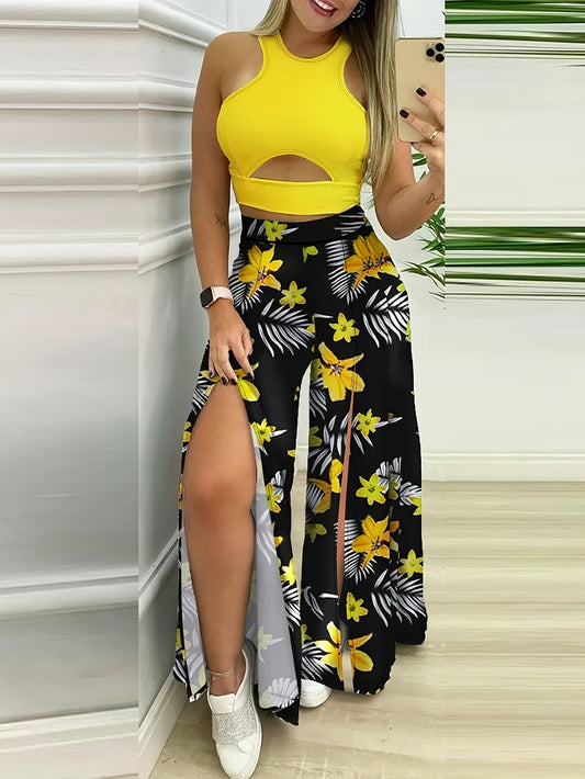 Women'S Elegant Floral Wide Leg Pants and Crop Top Set, Polyester 95% Elastane 5%, Crew Neck, Spring/Summer Split Design, Woven Fabric 175g/m²