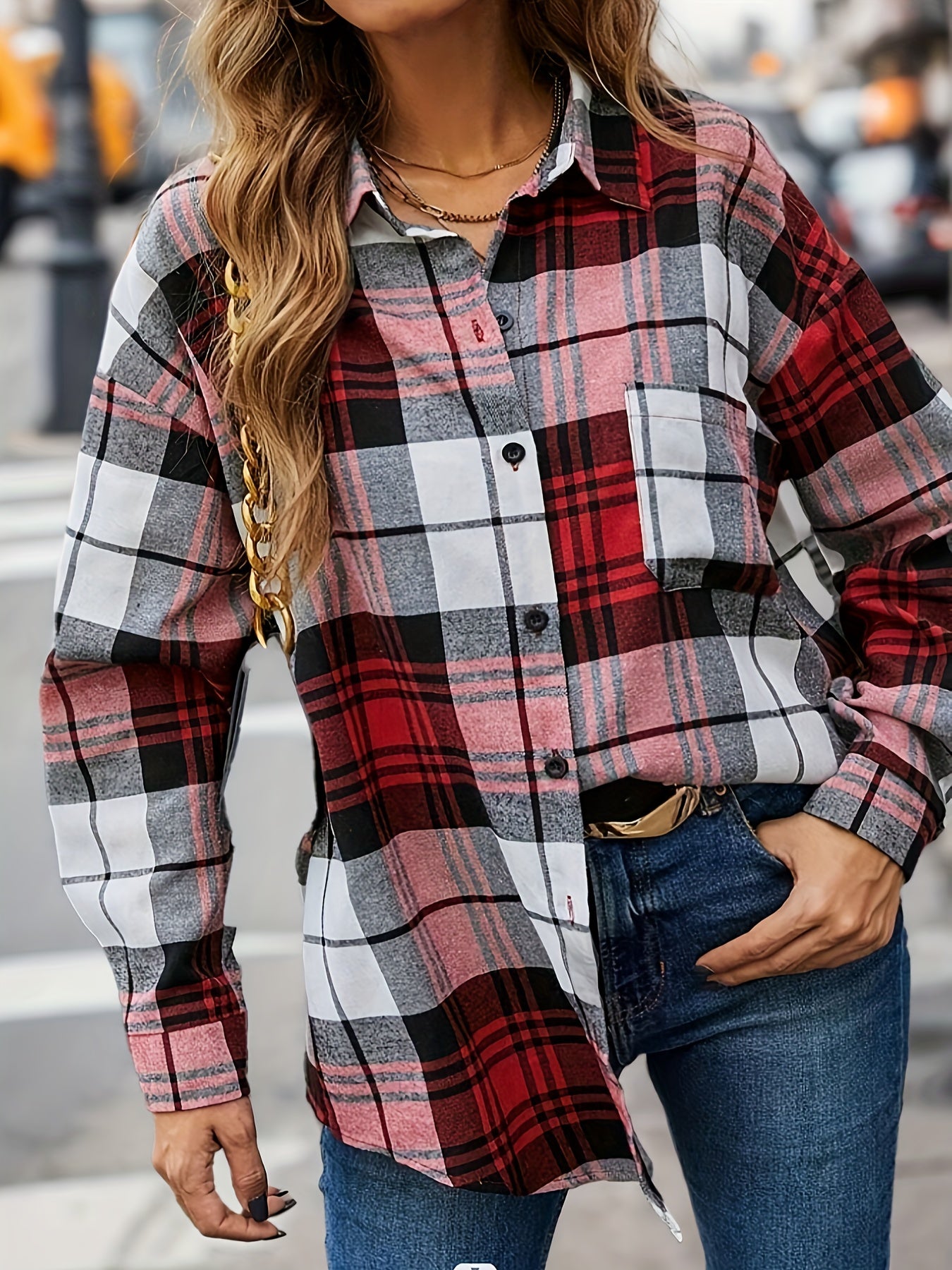 Plus Size Casual Blouse, Women's Plus Plaid Print Long Sleeve Button Up Lapel Collar Loose Fit Shirt Top