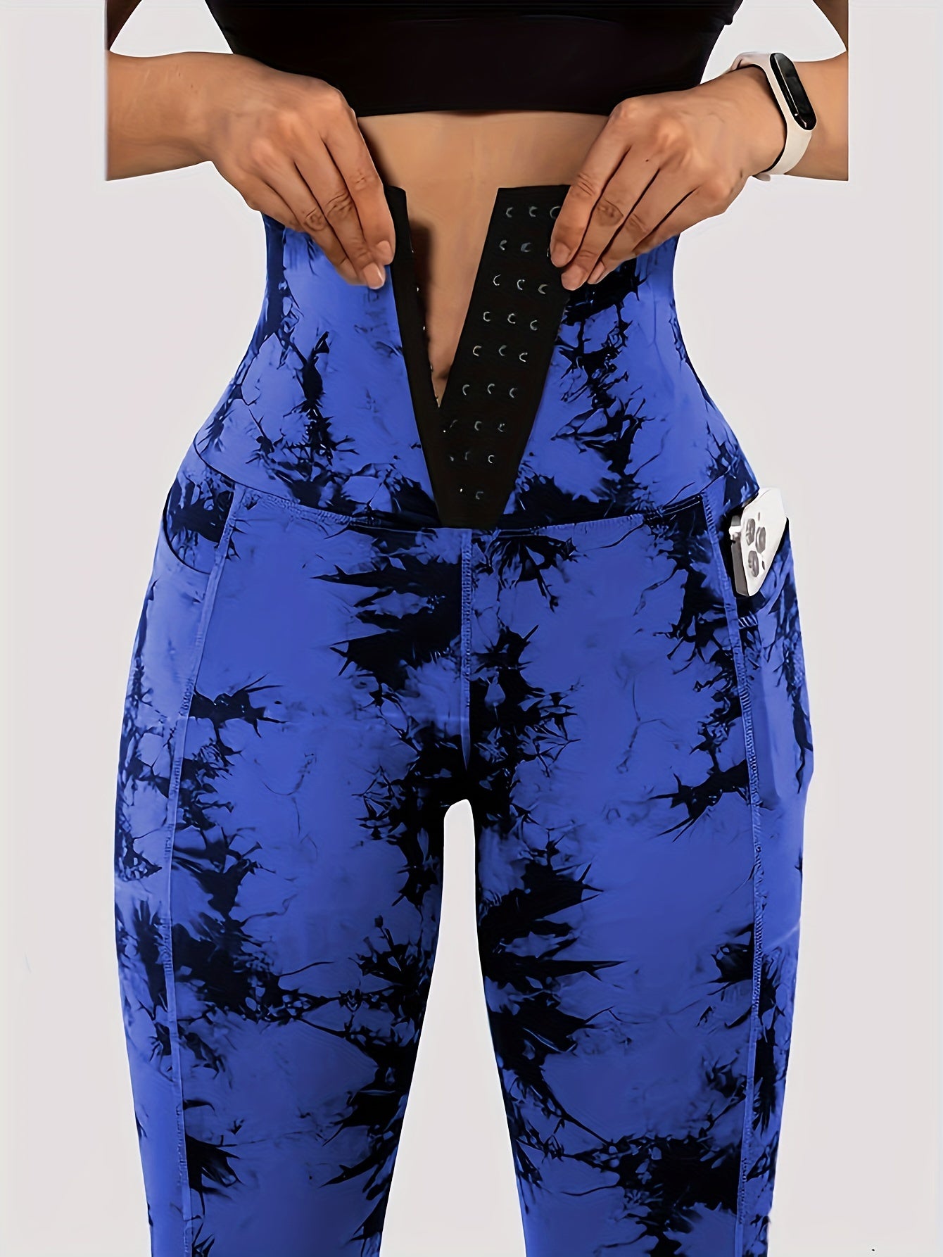 Women'S Tie-Dye Print High-Waisted Tummy Control Pants with Front Zipper, Sexy Mid-Rise Tight Leggings, Pocket, Stretchy Polyester Fabric, All-Season, Athletic Yoga Workout Running Pants for Adults