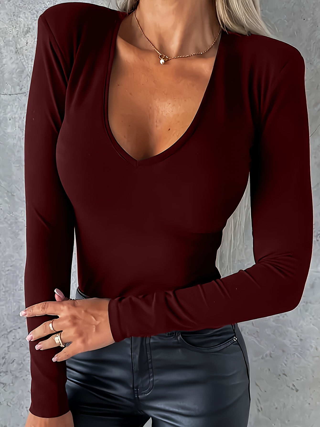 Solid V Neck T-shirt, Casual Long Sleeve Slim Top For Spring & Fall, Women's Clothing