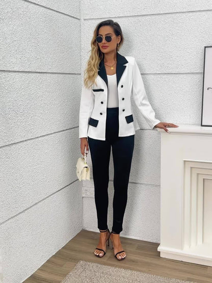 Color Block Two-piece Set, Casual Button Front Blazer & Straight Leg Pants Outfits, Women's Clothing