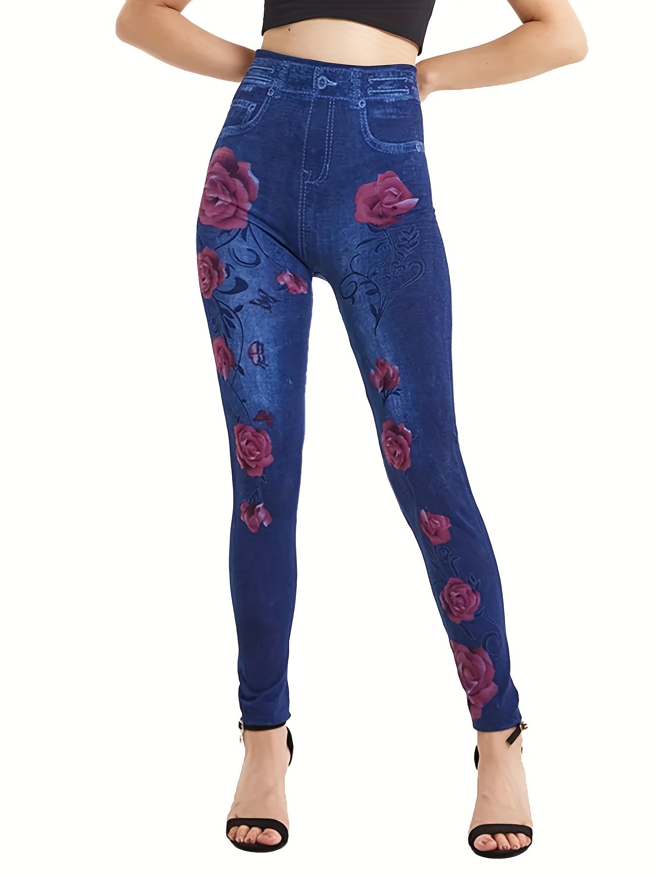 Denim Print High Waist Jeggings, Slim Stretchy Casual Leggings, Women's Clothing