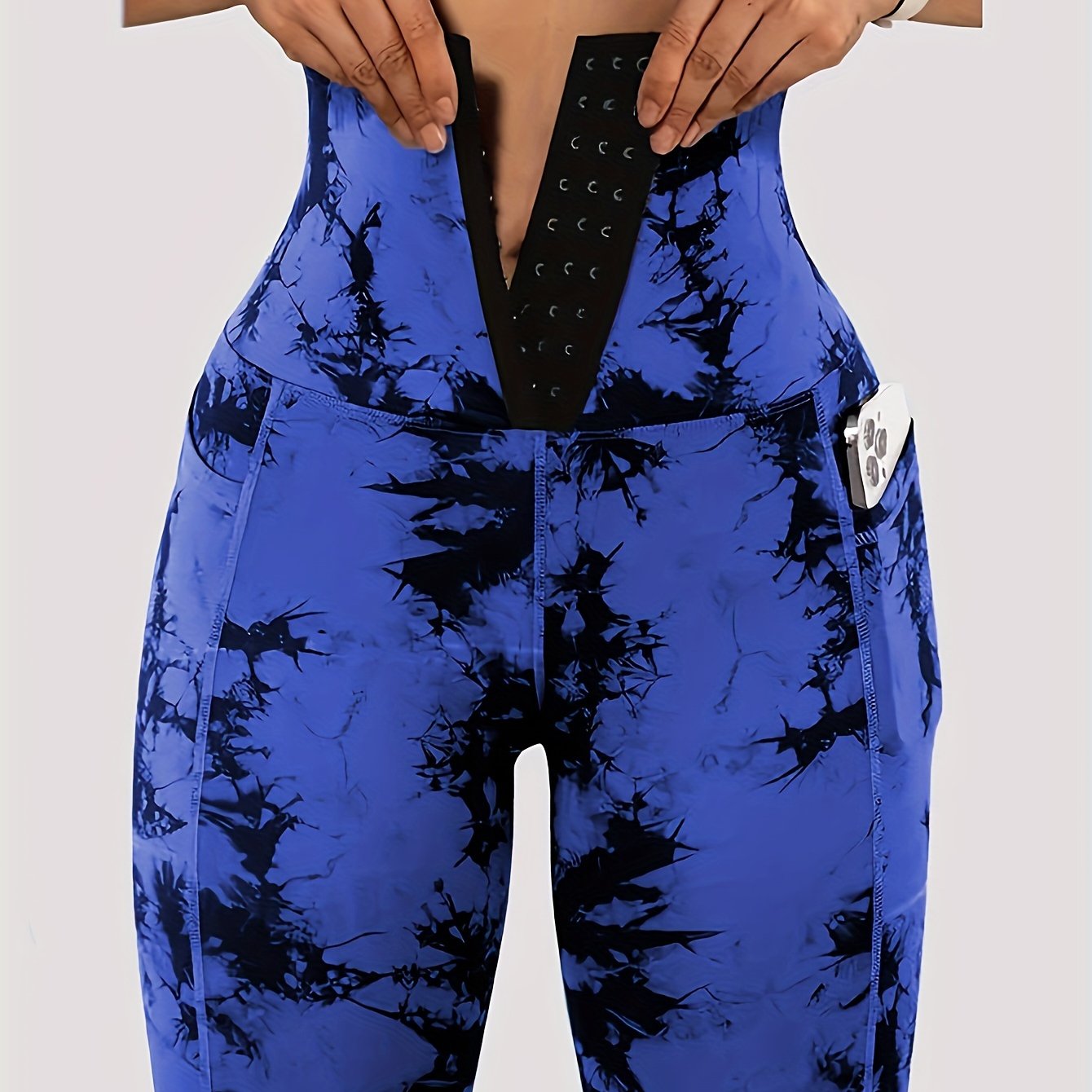 Women'S Tie-Dye Print High-Waisted Tummy Control Pants with Front Zipper, Sexy Mid-Rise Tight Leggings, Pocket, Stretchy Polyester Fabric, All-Season, Athletic Yoga Workout Running Pants for Adults