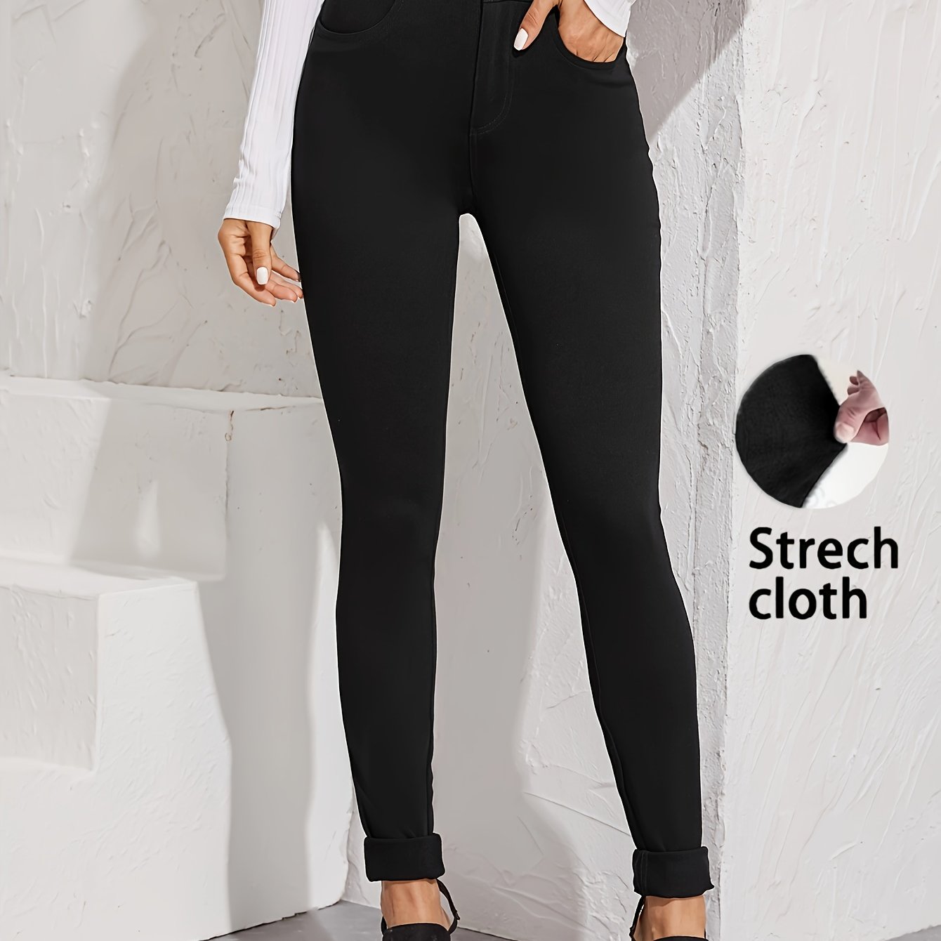 Elegant High-Waist Skinny Jeans for Women - Stretch Denim, Solid Color with Button Detail, Machine Washable