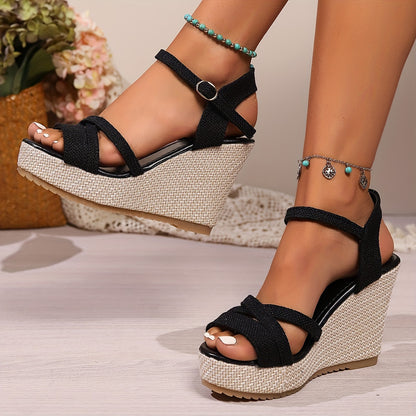 Women's Wedge Heeled Sandals, Casual Open Toe Platform Shoes, Comfortable Buckle Strap Sandals