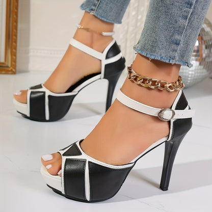 Women's Elegant Colorblock Sandals, Ankle Buckle Strap Platform Hollow Out High Heels, Peep Toe Comfort Shoes